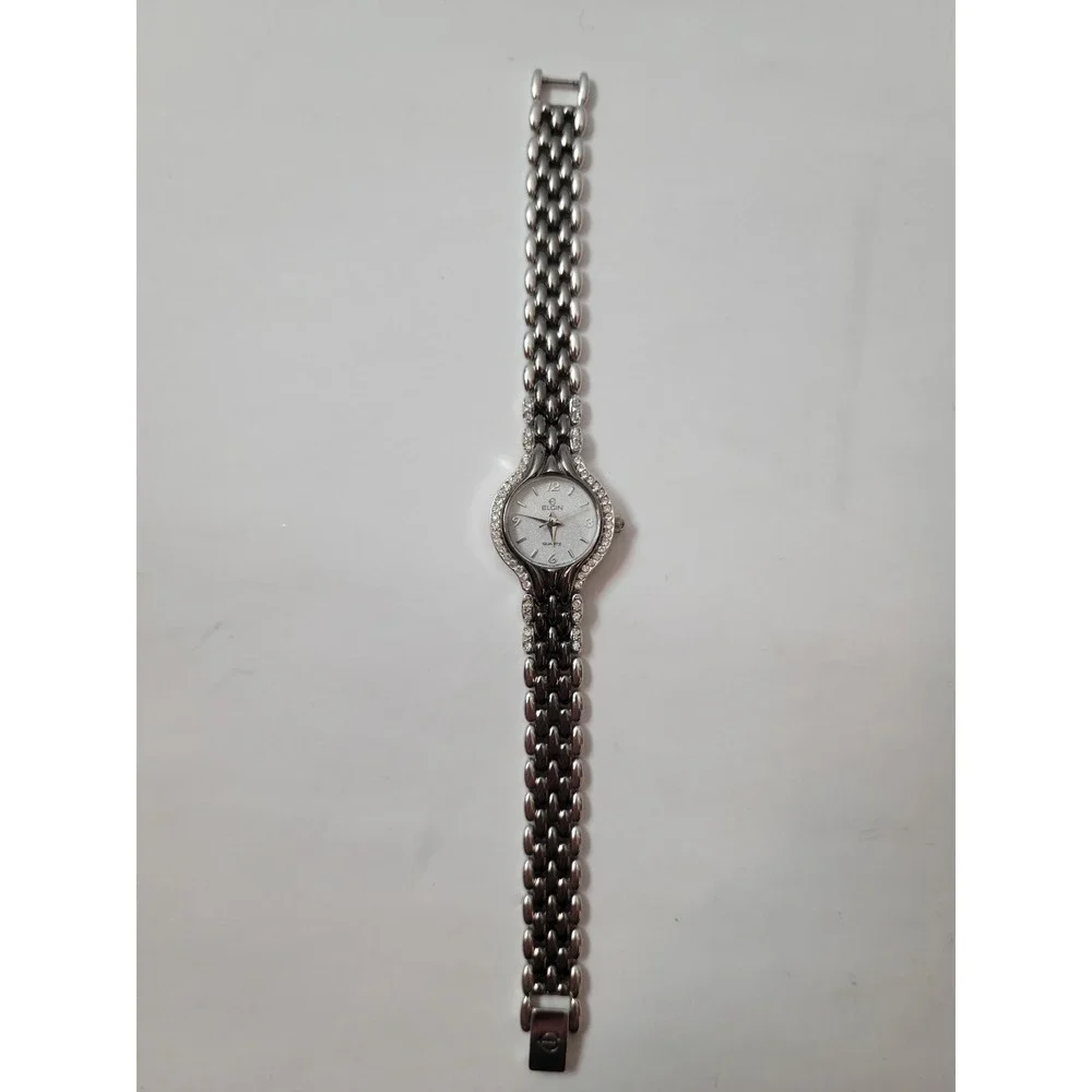 Elgin Wristwatch Women Silver Tone Crystal‎ Bezel Glitter Dial EL877-017 Vintage